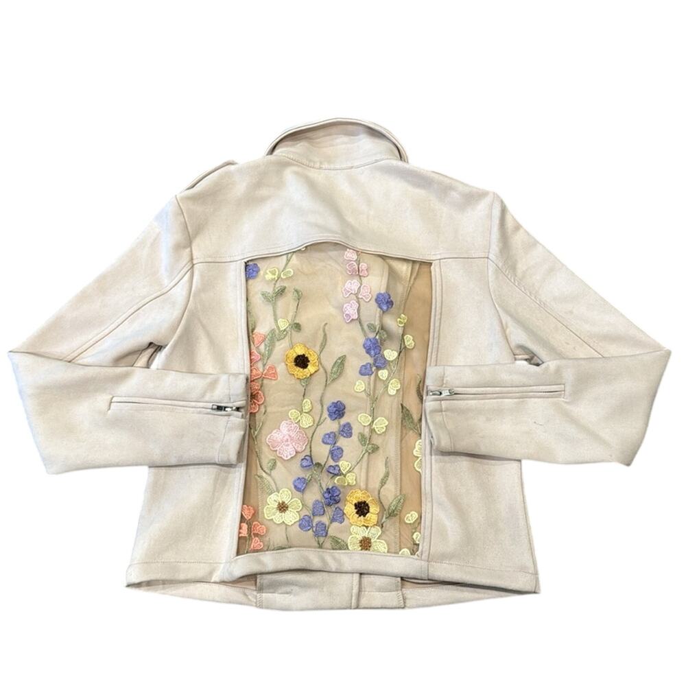 Gilli Faux Suede Moto Floral Embroidered Cream Jacket Size M